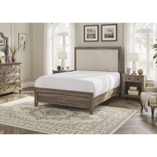 Sunvega Brown Cherry Finish Contemporary Fabric Panel Bed in One Box