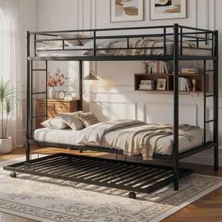 Sunvega Twin over Twin Bunk Bed with Trundle in White for Small Spaces