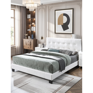 Sunvega Modern Faux Leather Queen Size Bed with Rectangle Headboard and Support Legs
