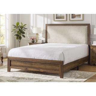 Sunvega Brown Cherry Finish Contemporary Fabric Panel Bed in One Box
