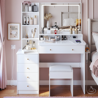 Sunvega 41 Inch Large Size Left Bedside Cabinet Vanity Table with Cushioned Stool