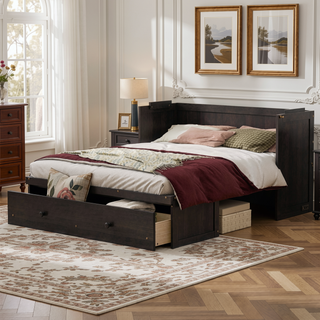 Sunvega Espresso Full Size Murphy Bed with USB Port and Large Drawer for Space Saving