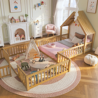 Sunvega Full Size House Floor Bed with Door and Full-Length Guardrails for Kids