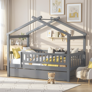 Sunvega Twin Size Wooden House Bed with Trundle and Headboard in Walnut