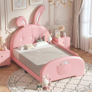 Sunvega Twin Size Upholstered Rabbit-Shape Princess Platform Bed with Headboard