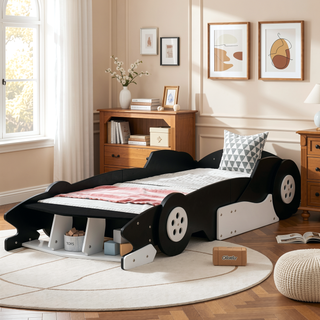 Sunvega Twin Size Race Car Platform Bed with Wheels and Safety Rails