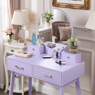 Sunvega Contemporary White Wood Vanity and Stool Set with Round Mirror