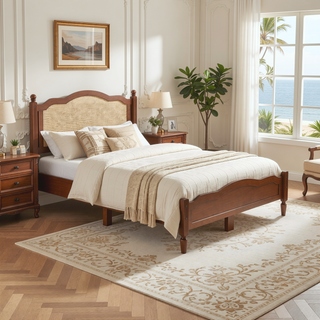 Sunvega Queen Size Wooden Platform Bed with Natural Rattan Headboard and Wooden Slat Support