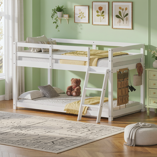 Sunvega Solid Wood Low Loft Bed with LED Lighting Converts to Twin Bunk Bed