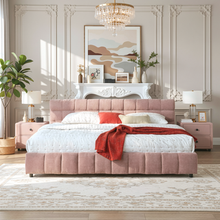 Sunvega Modern King Size Upholstered Bed with Storage Drawers and Soft Chenille Fabric