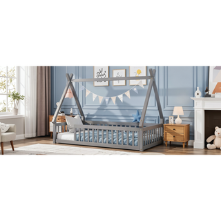Sunvega Twin Tent Teepee Bed with Guardrails Slats in Grey