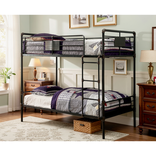 Sunvega Industrial Style Twin Over Twin Bunk Bed with Attached Ladder and Guard Rails