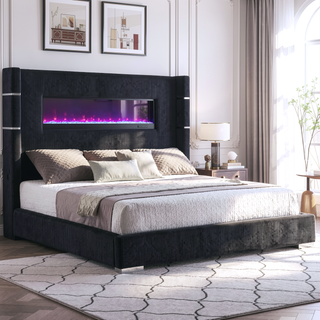 Sunvega Queen Size Upholstered Wingback Panel Bed with Black Corduroy and Flame Box
