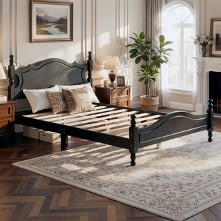 Sunvega Retro Full Size Wood Platform Bed Frame with Slat Support Black