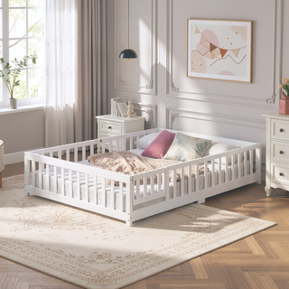 Sunvega Full Size Pine Wood Floor Bed with Safety Guardrails and Door