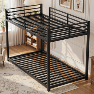 Sunvega Low Twin Over Twin Metal Bunk Bed Frame with Ladder and Guardrail
