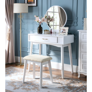 Sunvega Gold Modern Wood Vanity Set with Round Mirror and Matching Stool