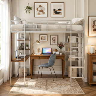 Sunvega Full Size Metal Loft Bed with Desk and 2 Shelves White