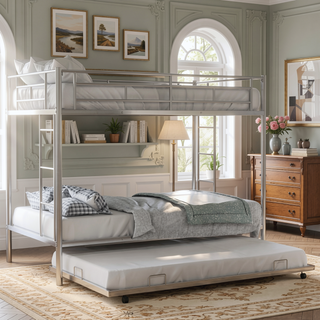 Sunvega Twin over Twin Bunk Bed with Trundle in White for Small Spaces