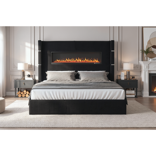 Sunvega Queen Size Upholstered Bed with Electric Fireplace and Bluetooth Speakers in Gray Velvet