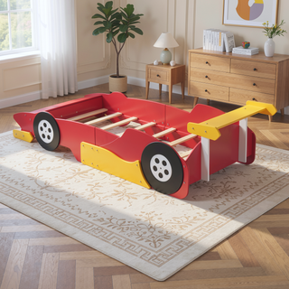 Sunvega Twin Size Race Car Platform Bed with Wheels and Safety Rails