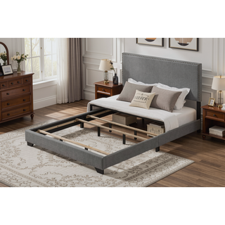 Sunvega Fully Upholstered Fabric Queen Bed with Nailhead Trim Accent and Wood Leg