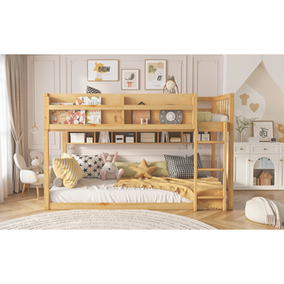 Sunvega Low Twin Over Twin Solid Wood Bunk Bed with Ladder for Kids & Juniors
