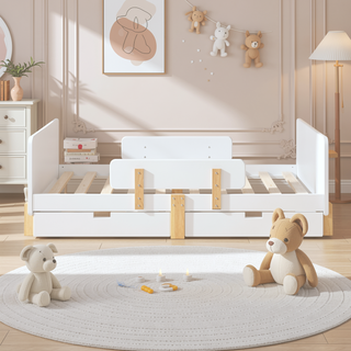 Sunvega Twin Size Solid Wood Platform Bed with Storage Drawers and Guardrail