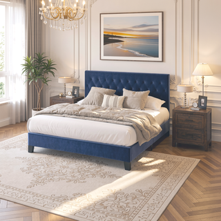 Sunvega Navy Blue Queen Upholstered Bed with Transitional Style for Bedroom