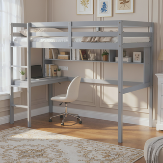 Sunvega Twin Size Loft Bed with Desk, Shelves, Safety Guardrail and Ladder in White