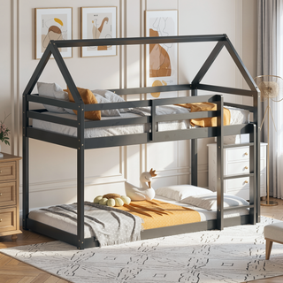 Sunvega Rubber Wood Twin over Twin Bunk Bed with Ladder and Guardrails