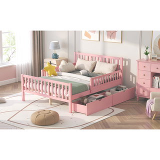 Sunvega Twin Size Walnut Wood Platform Bed with Guardrails and Two Storage Drawers