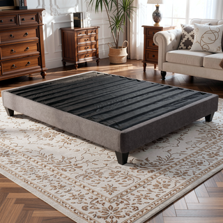 Sunvega Queen Size Upholstered Platform Bed Base with Dark Grey Linen Fabric