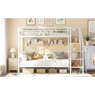 Sunvega Twin Over Twin Metal Bunk Bed with Lateral Ladder and Wardrobe in White