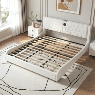 Sunvega Queen Size Faux Leather Platform Bed with RGB LED Lights Bluetooth Speakers