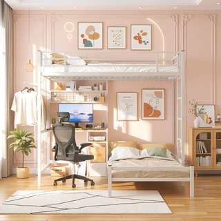 Sunvega Twin Over Twin Metal Bunk Bed with L-Shaped Desk Station and Storage Shelves