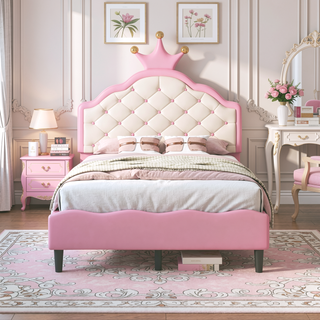 Sunvega Lovely Crown Fantasy PU Leather Princess Bed with Tufted Headboard