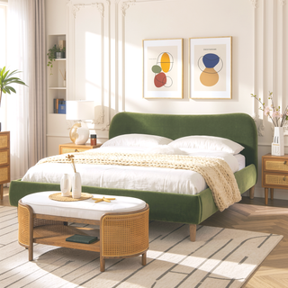 Sunvega King Upholstered Platform Bed with Curved Headboard in Oatmeal Chenille