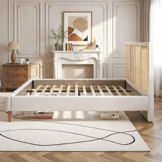 Sunvega Upholstered Platform Bed with Rattan Panels and Ivory Fabric for Bedroom