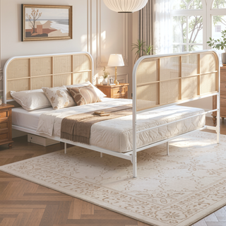 Sunvega Coastal White Queen Metal Bed with Radio Weave Rattan Headboard