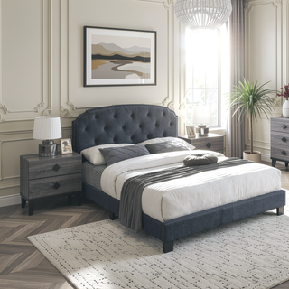 Sunvega Queen Size Charcoal Burlap Button Tufted Headboard Bed with Nailhead Trim