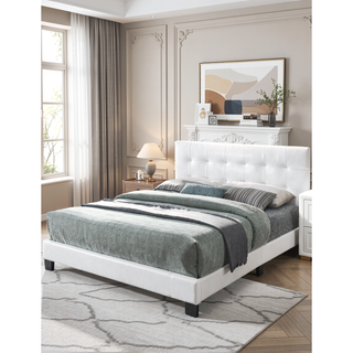 Sunvega Modern Style White Faux Leather Rectangle Headboard Full Size Bed