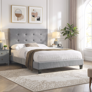 Sunvega King Size Upholstered Platform Bed with Button Tufted Linen Headboard
