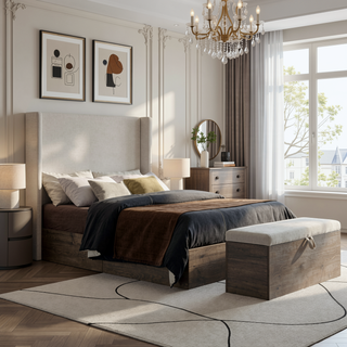 Sunvega Upholstered Wingback Bed with 54 Inch High Headboard in Textured Ivory Canvas Chenille