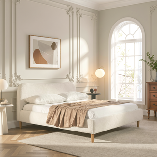 Sunvega King Upholstered Platform Bed with Curved Headboard in Oatmeal Chenille