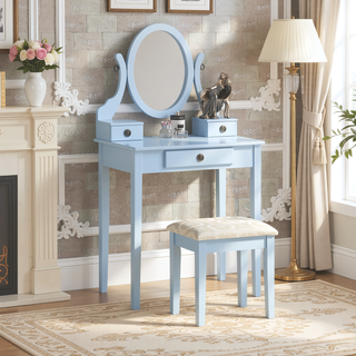 Sunvega Pink Wood Makeup Vanity Table and Stool Set with Mirror and Storage Drawers