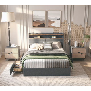 Sunvega Queen Upholstered Bed Frame with Headboard LED Lights Charging Station and 4 Storage Drawers