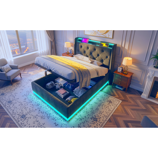 Sunvega Full Size Upholstered Bed with 360 LED Lighting Hydraulic Storage and USB Charging