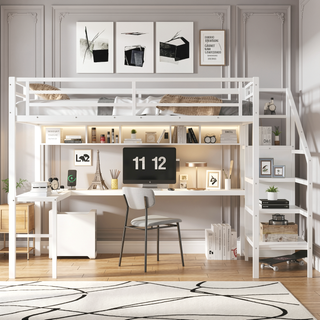 Sunvega Twin XL Loft Bed with Wardrobe Stairs USB LED Light and Desk