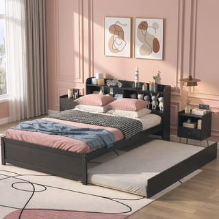 Sunvega White Twin Trundle Bed with Storage Headboard and Bookcase